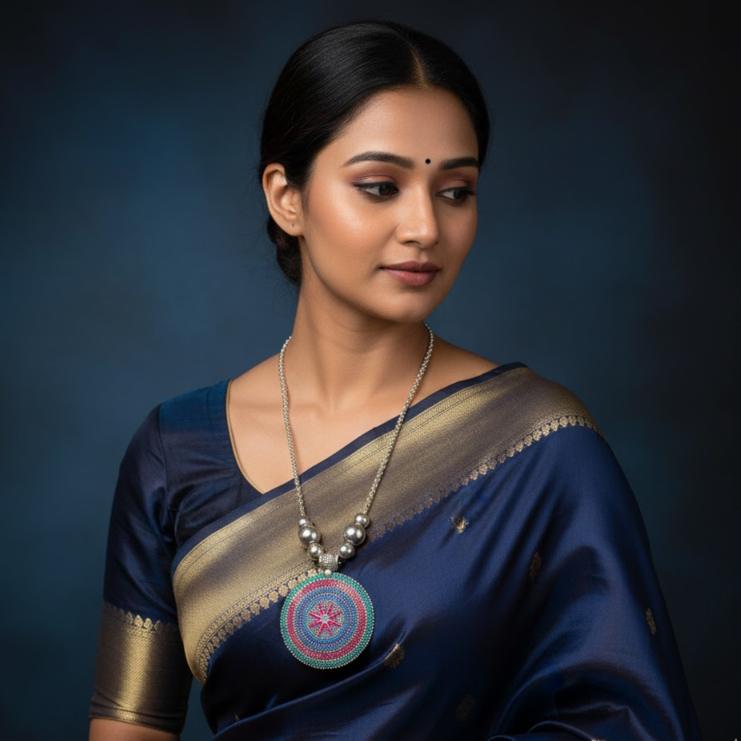 Oxidized Silver Necklace with Vibrant Pendant (1Pc)