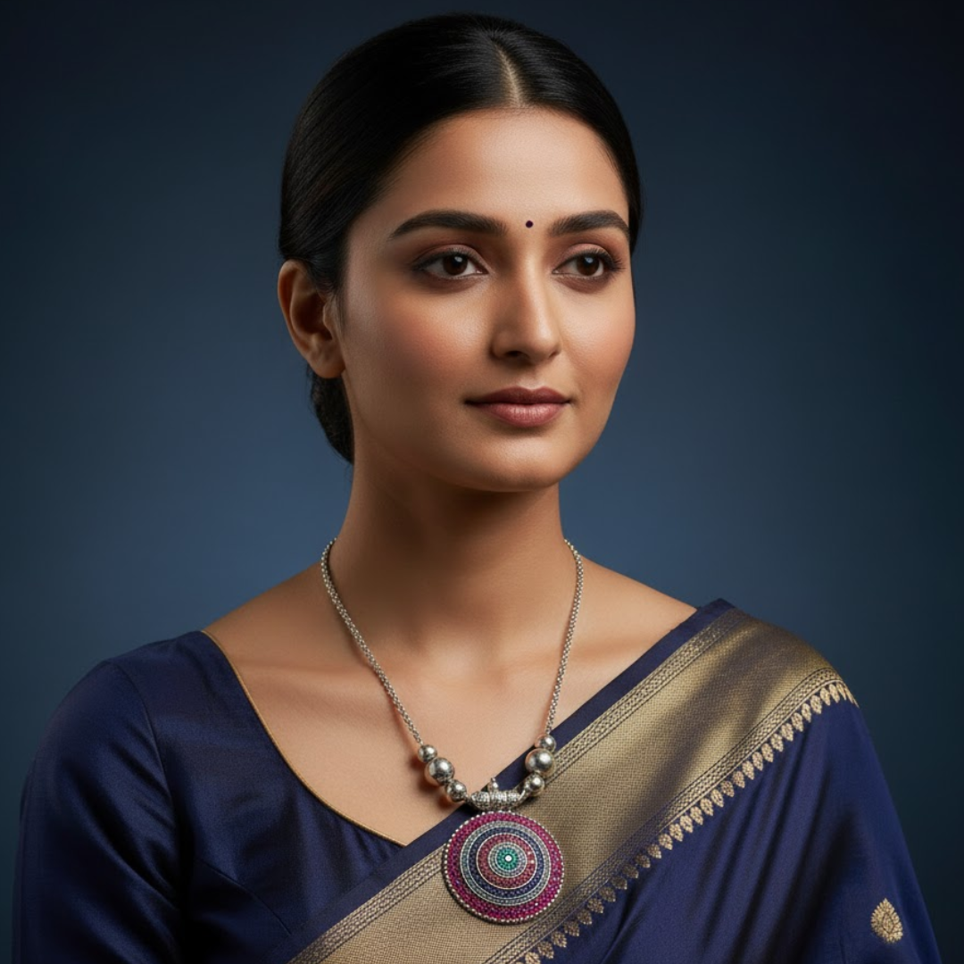 Oxidized Silver Necklace with Vibrant Pendant (1Pc)