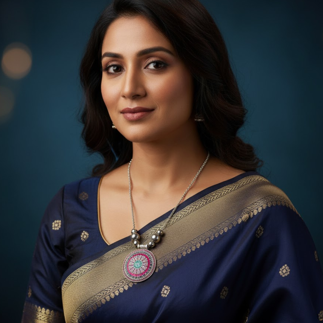 Oxidized Silver Necklace with Vibrant Pendant (1Pc)