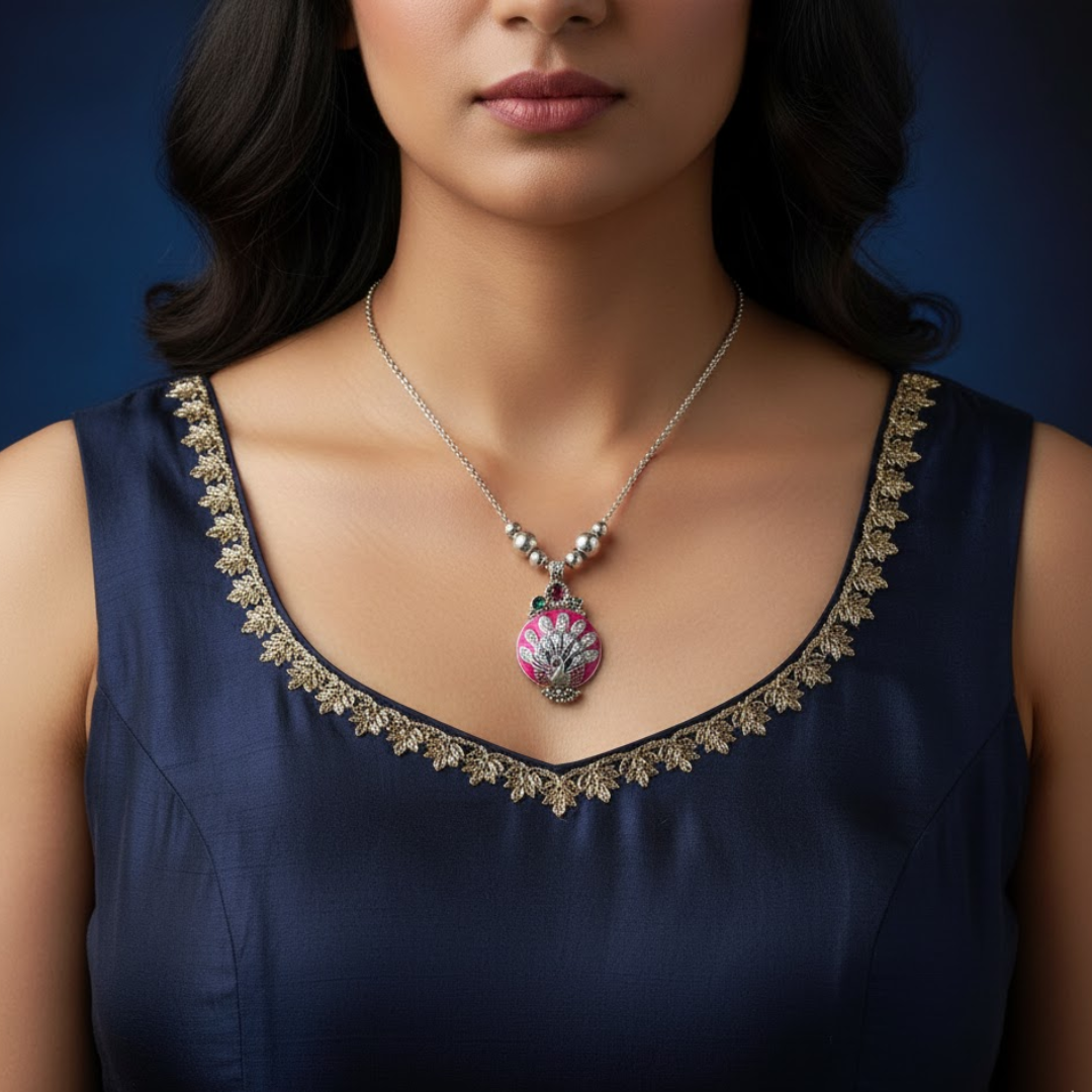 Oxidized Peacock Pendant Necklace (1Pc)