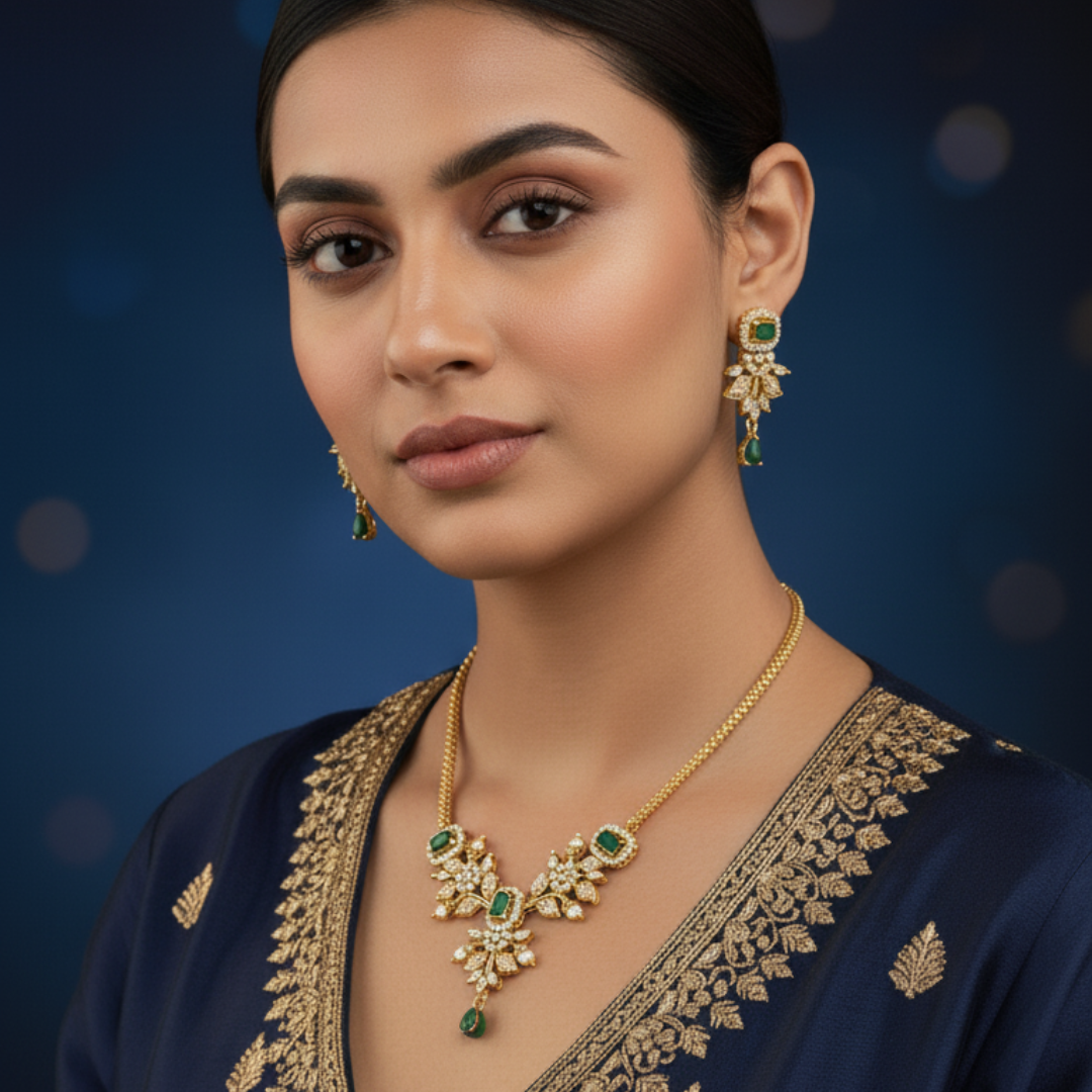 Ruby Blossom Gold Necklace Set with Earrings (1Pc)