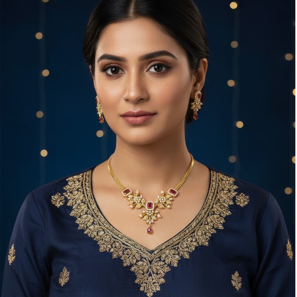 Ruby Blossom Gold Necklace Set with Earrings (1Pc)