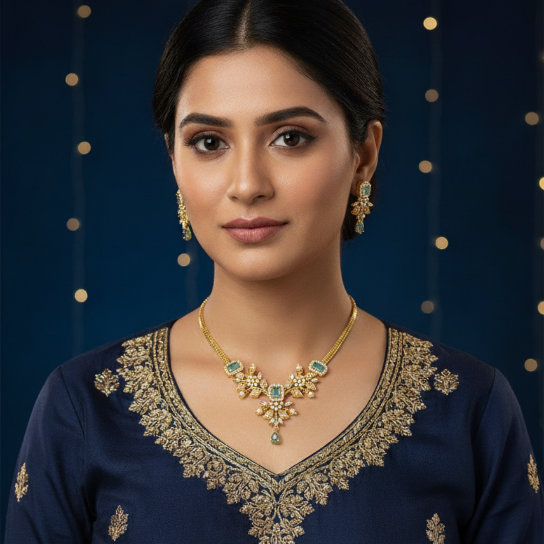 Ruby Blossom Gold Necklace Set with Earrings (1Pc)