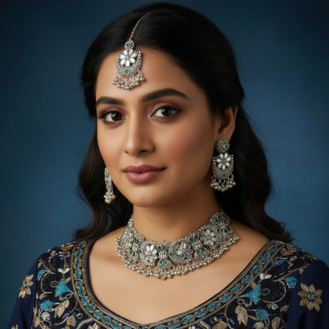 Silver Regal Choker Necklace with Earrings & Mangtika (1pc)