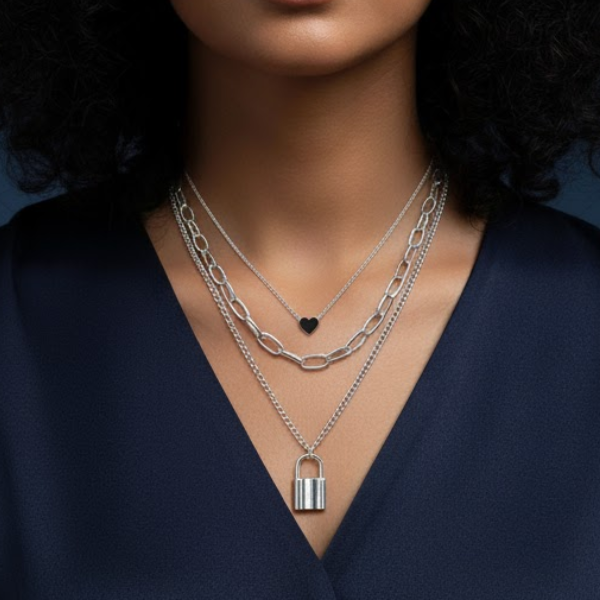 Silver HeartLock Layered Necklace (1Pc)