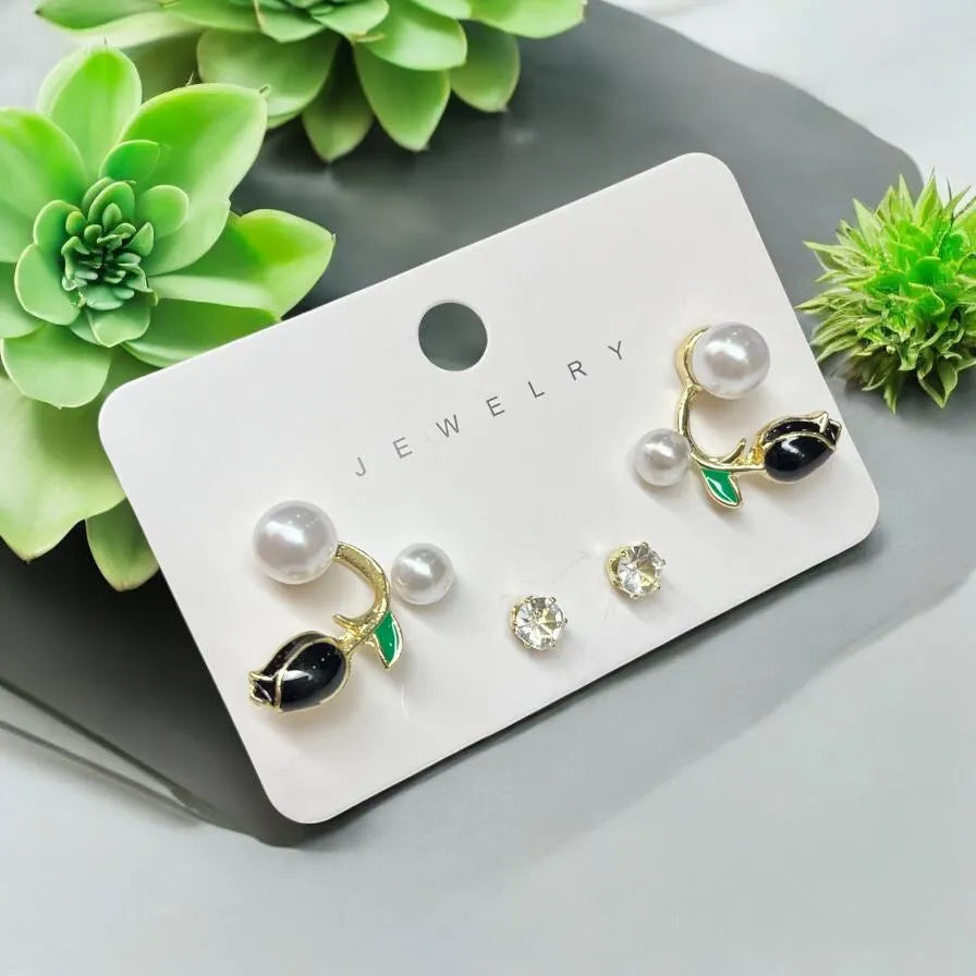 Blush Bloom Pearl Earring Set – 3-in-1 Floral Stud Collection