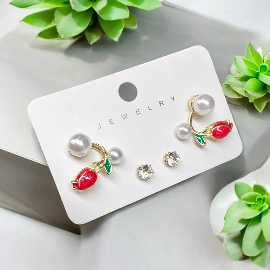 Blush Bloom Pearl Earring Set – 3-in-1 Floral Stud Collection