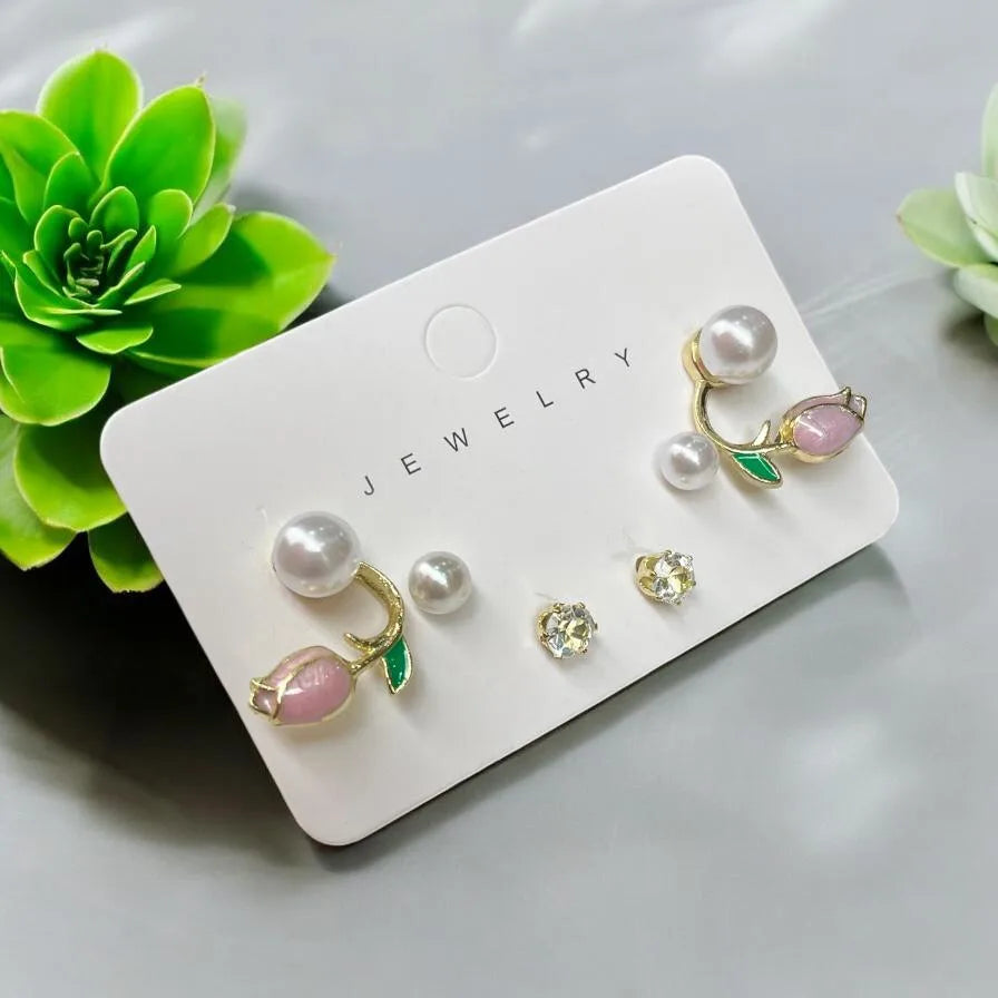 Blush Bloom Pearl Earring Set – 3-in-1 Floral Stud Collection